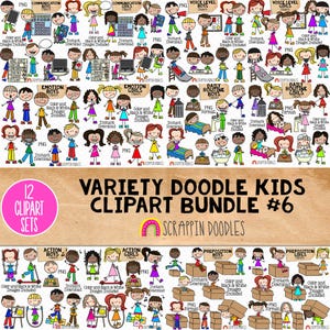 Doodle Kids Clipart Bundle 6 - Doodle Boy and Girl Bundle - Comunicação - Vozes - Ações - Rotinas - Emoções - Preposições - CU