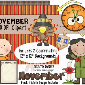 May include: A digital clipart set for November featuring a turkey, a clock, a dreidel, a girl in a green dress, and a boy holding a sign that says "I'm Thankful for". The set includes two 12x12 inch backgrounds and black and white images.