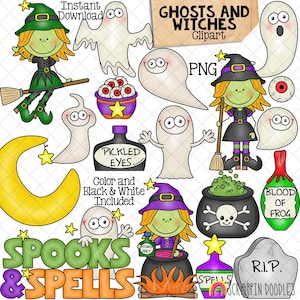 May include: A collection of Halloween-themed clip art featuring ghosts, witches, and spooky elements. Includes a witch with a broom, ghosts, a cauldron, a tombstone, and text that reads "Spooks & Spells".
