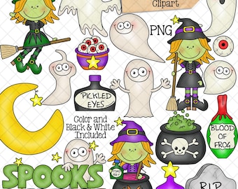 Spoken en heksen ClipArt - Halloween - schattig - drankjes - ketel - heks roerpot - oogbollen - flessen - CU PNG - handgetekende afbeeldingen