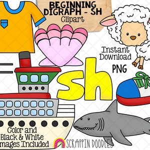 May include: A set of colorful clipart images featuring the letter combination "sh" for beginning digraphs. The images include a yellow shirt, a pink seashell, a red and green ship, a yellow "sh", a white sheep, a blue and red shoe, and a gray shark.