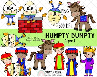 Könnte beinhalten: Ein Satz farbenfroher Cartoon-Illustrationen mit Humpty Dumpty, einem Pferd und mehreren Personen. Die Illustrationen sind im Cartoon-Stil gehalten und eignen sich perfekt für Kinderbücher, Lehrmaterialien oder Bastelarbeiten.