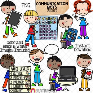 Illustraties communicatiejongens - doodle kinderen stokfiguur graphics - stemniveaus - communicatieschema - iPad - laptop - commercieel gebruik, png
