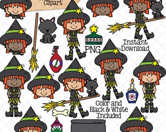 Little Witch Clipart - Witches on Broomsticks - Black Cat - Cauldron - Potions - Halloween - CU PNG - Hand Drawn