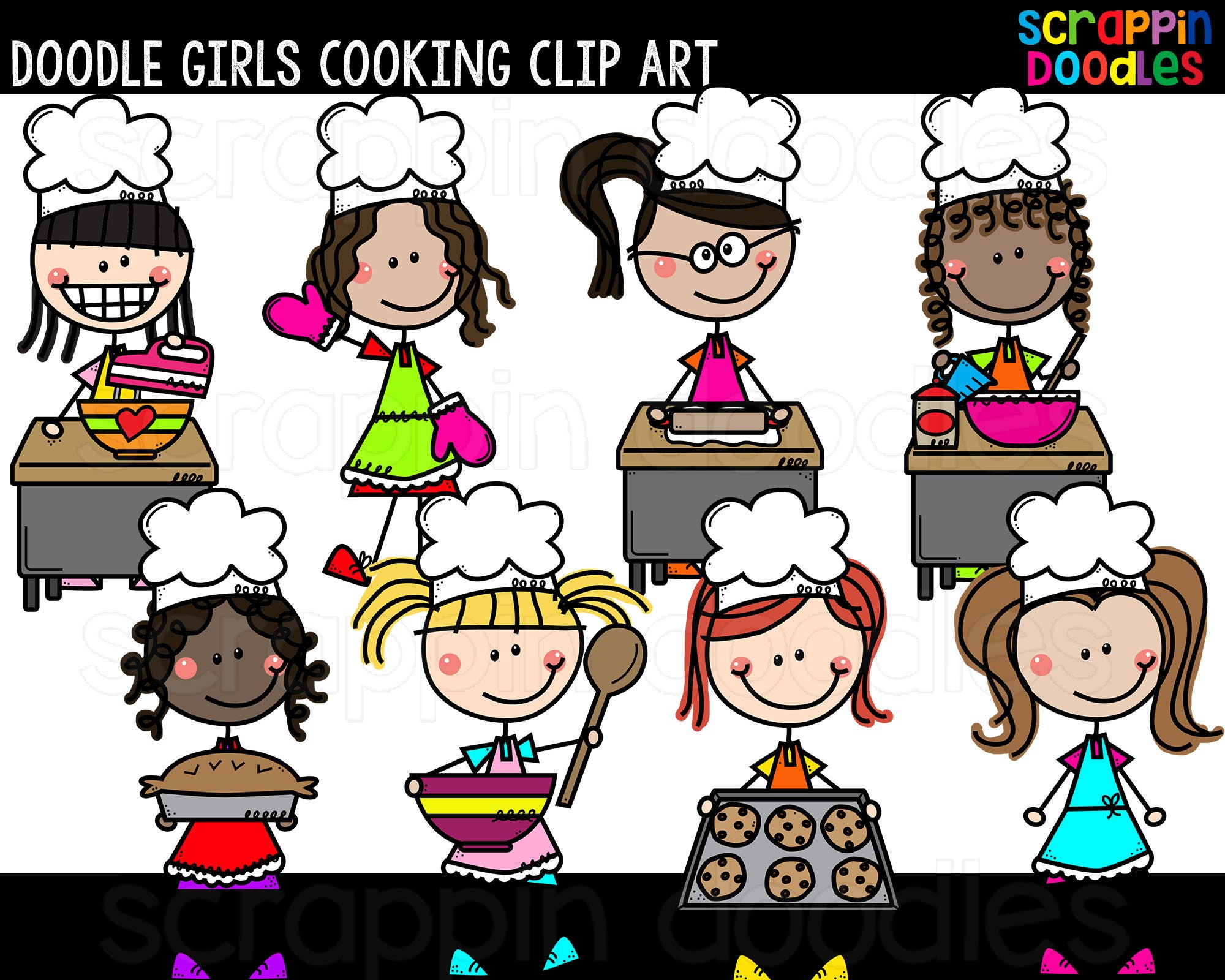 Doodle Girls Cooking Clip Art Cute Commercial Use Cooking Kids Clipart