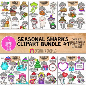 Paquete de imágenes prediseñadas de tiburón de temporada 1 - Imágenes prediseñadas de tiburón gris - Tiburones navideños - Tiburón bebé - Sublimación PNG de uso comercial