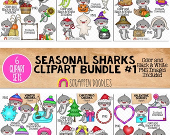 Seasonal Shark ClipArt Bundle 1 - Grey Shark Clipart - Holiday Sharks - Baby Shark - Commercial Use PNG Sublimation