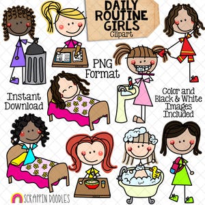 Routine quotidienne ClipArt - Doodle Girls Clip Art - enfants - tâches ménagères - se brosser les dents - dormir - devoirs - prendre un bain - usage Commercial PNG