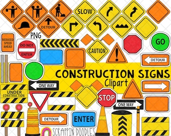Construction Signs ClipArt - Road Work Sign - Traffic Cone - Construction Pylon - Detour Sign - Flagman - Commercial Use PNG Clip Art