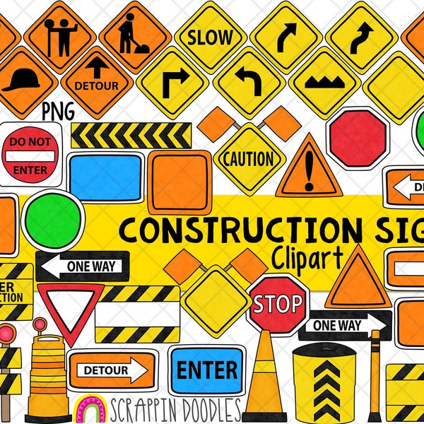 Construction Signs ClipArt - Road Work Sign - Traffic Cone - Construction Pylon - Detour Sign - Flagman - Commercial Use PNG Clip Art