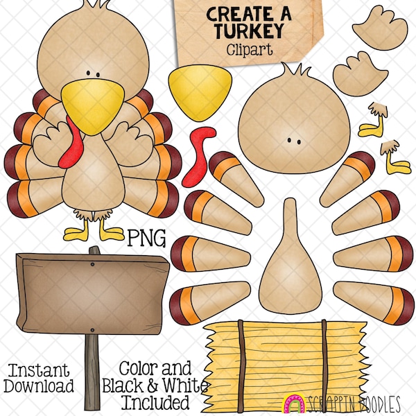 Create a Turkey ClipArt - Turkey Clipart - Turkey Pieces - Pin the Feather on the Turkey Clipart - Instant Download - Hand Drawn PNG