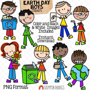 Earth Day Clipart - Doodle Boys - Climate Change -  Environmental Kids - Reduce Reuse Recycle Graphics - Eco Friendly - Hand Drawn - CU PNG