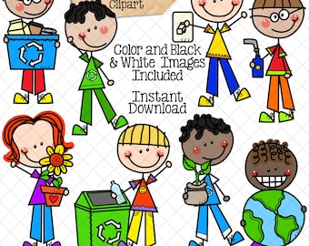 Earth Day Clipart - Doodle Boys - Climate Change -  Environmental Kids - Reduce Reuse Recycle Graphics - Eco Friendly - Hand Drawn - CU PNG