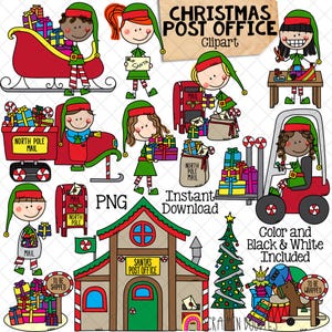 Illustraties kerstpostkantoor - levering van de kerstman - elfjes inpakken van cadeaus - kerstpost - commercieel gebruik - handgetekende png