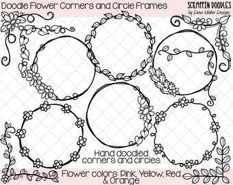 Doodle Flowers Clipart - Hand Drawn Corners and Circle Doodles - Nature - Flowers- Botanical Drawings - Doodled Digital Sticker Graphics