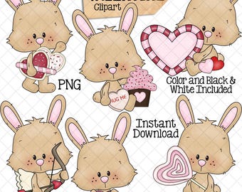 Bunny Valentine Clip Art - Rabbits Holding Valentine Candy - Baby Love Bunnies - Commercial Use - PNG
