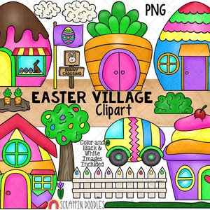 Easter Village ClipArt - Decorated Egg Houses - Easter Bunny Carrot House - Egg Car - Bunny Crossing - Commercial Use - PNG