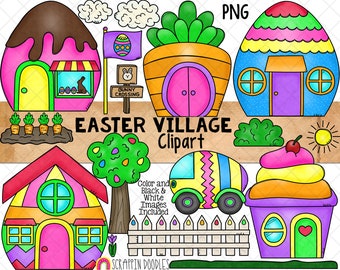 Easter Village ClipArt - Decorated Egg Houses - Easter Bunny Carrot House - Egg Car - Bunny Crossing - Commercial Use - PNG