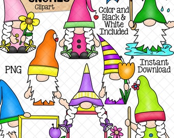 Garden Gnomes ClipArt- Summer Gnome Clip Art - Spring Garden Gnomes - Commercial Use - Gnome Sublimation - PNG