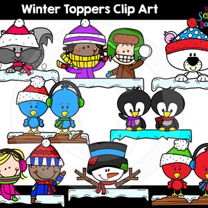 Winter Toppers Clip Art - Mignon usage commercial hiver Clip Art, graphiques saisonniers, ours polaire, pingouins, bonhomme de neige {Scrappin Doodles Clipart}