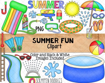 Summer Fun ClipArt - Backyard Pool Party - Sprinkler - Flippers - Super Soaker - Sunscreen - Sublimation PNG