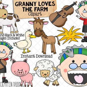 Clipart vieille dame a avalé une vache - PNG dessiné à la main - grand-mère aime la ferme