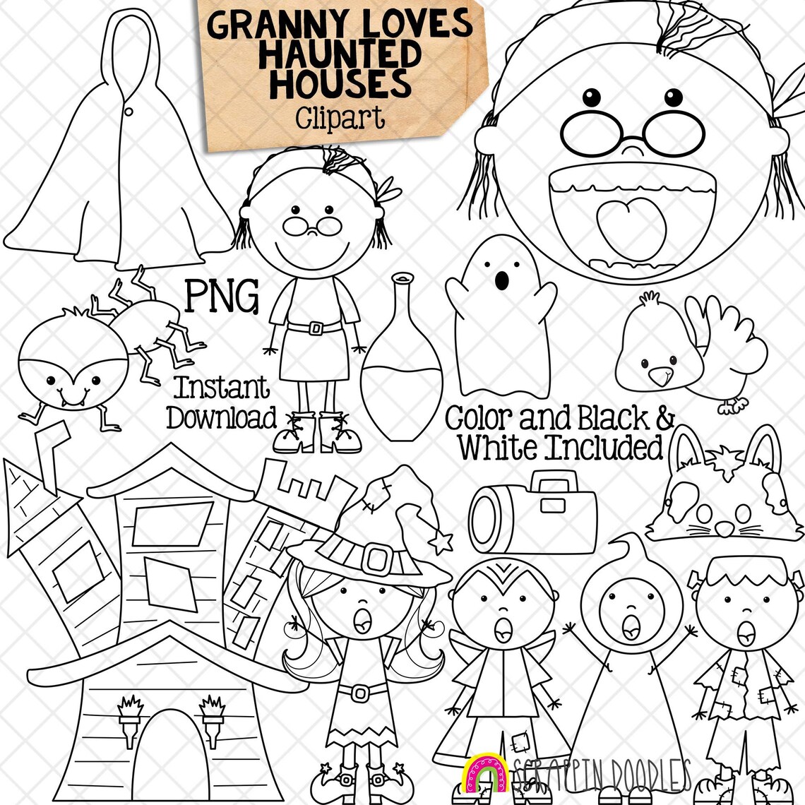 Old Lady Swallowed a Ghost Clip Art - Hand Drawn PNG - Granny Loves ...