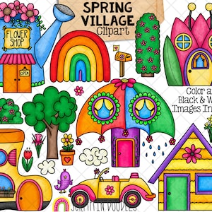 Spring Village ClipArt - Flower Shop Tulip House - Whimsical Umbrella House - Commercial Use PNG