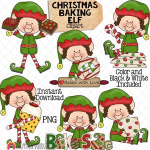 May include: A set of digital clipart images featuring Christmas baking elves. The elves are wearing green and red outfits and holding various baking items, such as cookies, candy canes, and a gingerbread house. The text "Christmas Baking Elf Clipart" is included in the image.