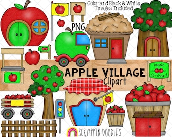 Apple Village Clip Art - Apple Orchard Town - Tree House - Apple Cart - Fruit Car - Commercial Use PNG