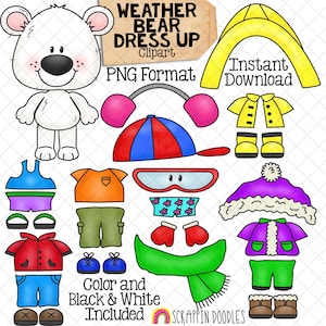 Weather ClipArt - Weather Bear Dress Up - Urso Polar Pauly - Roupas Sazonais - Inverno - Primavera - Verão - Chovendo - Boneca de Papel