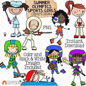 May include: Clipart set of 8 stick figure girls playing different sports. The sports include golf, fencing, soccer, karate, hockey, football, lacrosse, and swimming. The clipart is in black and white and color.