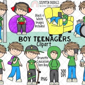 Tiener ClipArt - tienerjongens - Student Clipart - Kaukasisch donkerbruin haar - Hand getrokken - commercieel gebruik