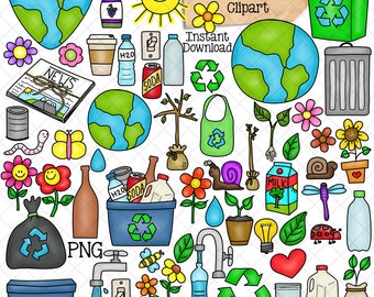 Earth Day Clipart - Recycling Clip Art -  Environmental - Reduce Reuse Recycle Graphics - Eco Friendly - PNG - CU