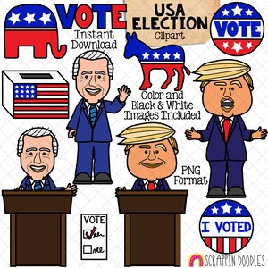 Pode incluir: Imagens de clipart de dois candidatos presidenciais, Joe Biden e Donald Trump, em pé em pódios. A imagem também inclui um burro e um elefante, ambos com bandeiras americanas, e um botão vermelho, branco e azul que diz "Vote".