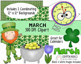 Calendar ClipArt - March Bulletin Board - March ClipArt - Holiday ClipArt - Digital Stickers - St Patricks Day ClipArt - Spring Foward Clock
