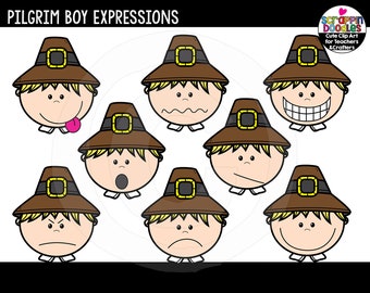 Pilgrim Boy Expressions Clip Art - Cute Commercial Use Thanksgiving Clipart, Expressions, Emotions Clip Art {Scrappin Doodles Clipart}