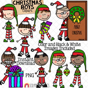 Può includere: Set di clipart di dieci ragazzi di Natale in varie pose. I ragazzi sono vestiti da elfi e Babbo Natale. Stanno tenendo oggetti a tema natalizio come bastoncini di zucchero, decorazioni e una scatola regalo. Il testo "Christmas Boys" e "Clipart" è incluso nell'immagine.
