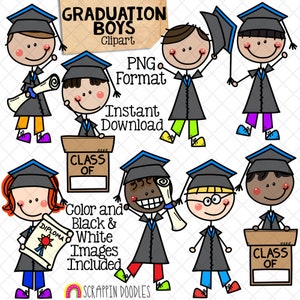 ClipArt de formatura - Doodle Boys Graduando - ClipArt escolar - Diploma - Classe de gráficos - Gráficos de sublimação - Desenhados à mão PNG
