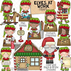 May include: A collection of Christmas-themed clipart featuring elves, Santa Claus, and a workshop. The elves are depicted in green and red outfits, engaged in various activities. The image includes text that reads "Elves at Work," "Santa's Workshop," and "Naughty or Nice."