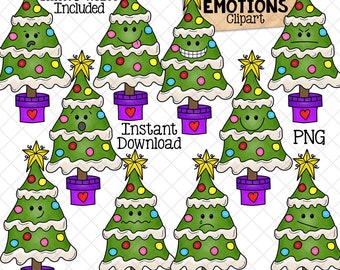 Christmas Tree Emotions Clip Art - Expression Clipart - Trees making different emotions - Commercial Use PNG Sublimation