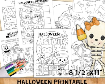 May include: A Halloween-themed printable activity and coloring book. The image shows several pages with various activities, including color-by-number, patterns, puzzles, and memory games. The pages are black and white, with illustrations of pumpkins, ghosts, and other Halloween-related images. The book is 8 1/2" x 11".