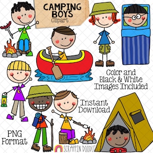 Clipart de camping, Doodle Boys Camping, Mochileros, Senderismo, Fogata, Canotaje, Tienda de campaña, Campamento de verano para niños, Bosques, PNG dibujados a mano