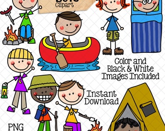 Camping Clipart - Doodle Jungen Camping - Rucksackreisen - Wandern - Lagerfeuer - Kanufahren - Zelten - Kinder Sommerlager - Waldgebiete - Hand gezeichnet PNG