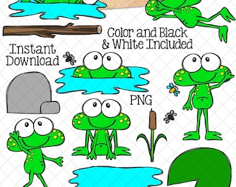 Frogs ClipArt - Pond - Lilly pad - Bulrush - Cattails - Frogs posing - Cute Frogs - Sublimation Graphics