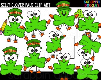 Silly Clover Pals St Patricks Day Clip Art - Cute Commercial Use St Patricks Day Clover Graphics {Scrappin Doodles Clip Art}