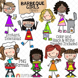 Backyard BBQ ClipArt - Doodle Girls Barbecue - Picnic - Backyard Cookout - Summer Clipart - Party Food - Cooking - Queen of the Grill - CU