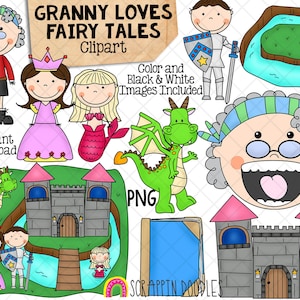Vieille dame a avalé un dragon Clip Art - PNG dessiné à la main - Grand-mère aime les contes de fées