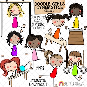 May include: A collection of cartoon doodle girls performing gymnastics. The illustrations include girls on the balance beam, rings, and vault. The text includes "DOODLE GIRLS GYMNASTICS Clipart", "Color and Black & White Included", "PNG", and "Instant Download".