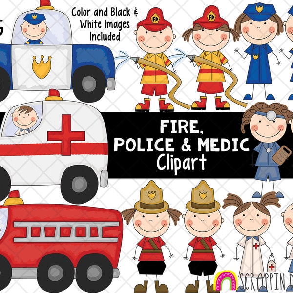 Fire Police and Medic ClipArt - Fire Fighter Clipart - RCMP Clipart - Police Clipart - Medic Clipart  - First Responder - Hand Drawn PNG